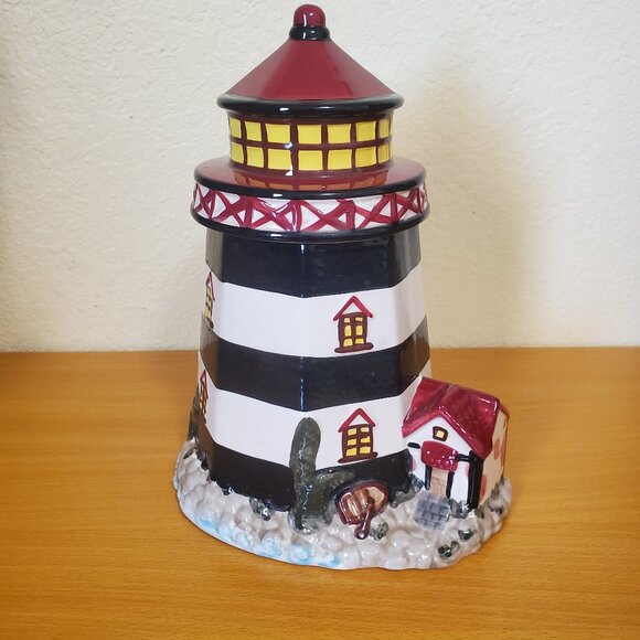 Lighthouse & Lighthouse Keeper’s Cottage Cookie Jar, 12” No Cracks Chips - Picture 1 of 13
